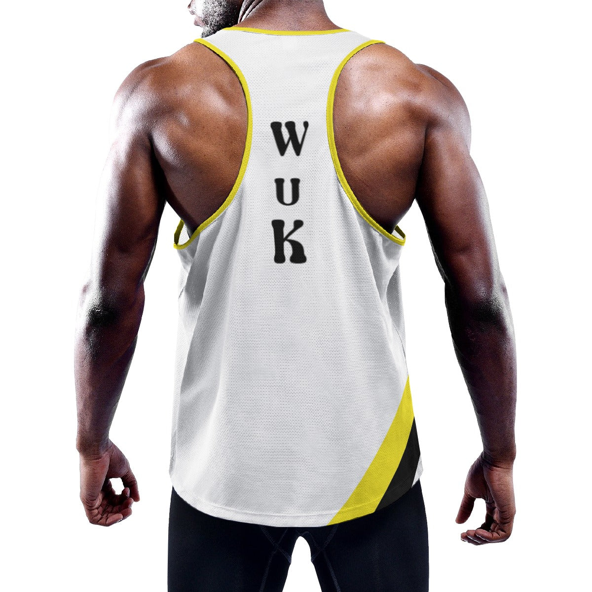 WUK Men's Slim Y-Back Muscle Tank Top White with yellow trim-Fete Massive