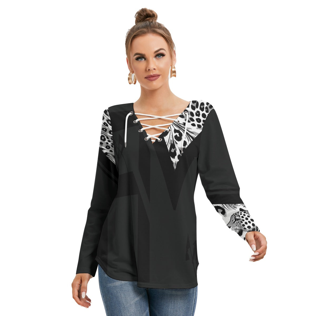 Women's Long Sleeve Neckline Tie Sweatshirt