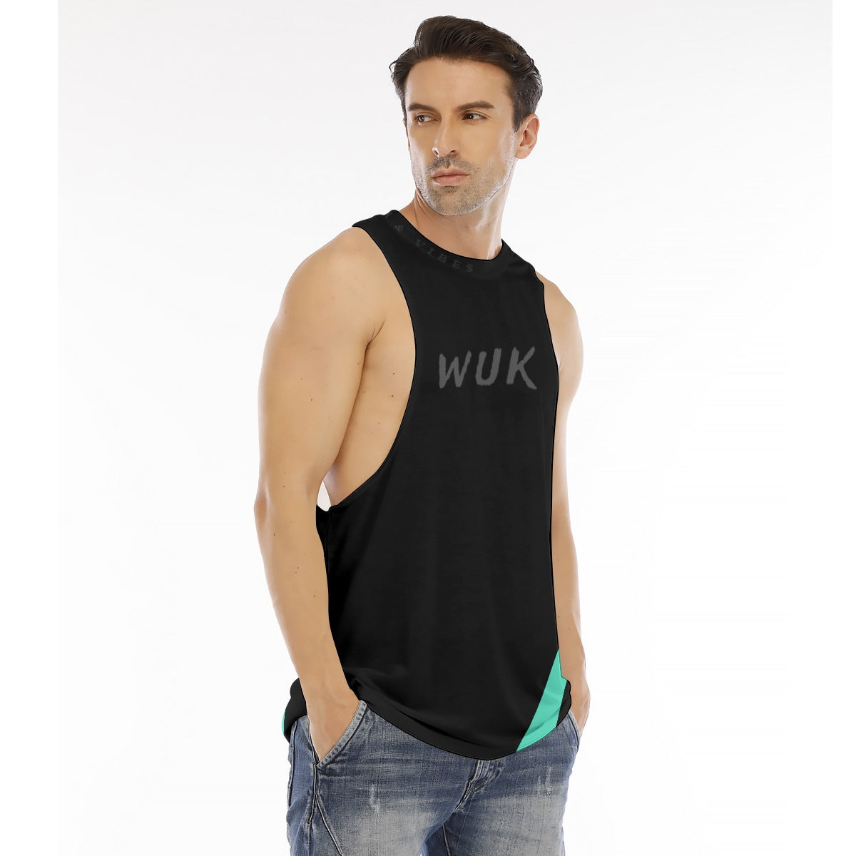 WUK Men's O-neck Long Tank Top Blue Trim-Fete Massive