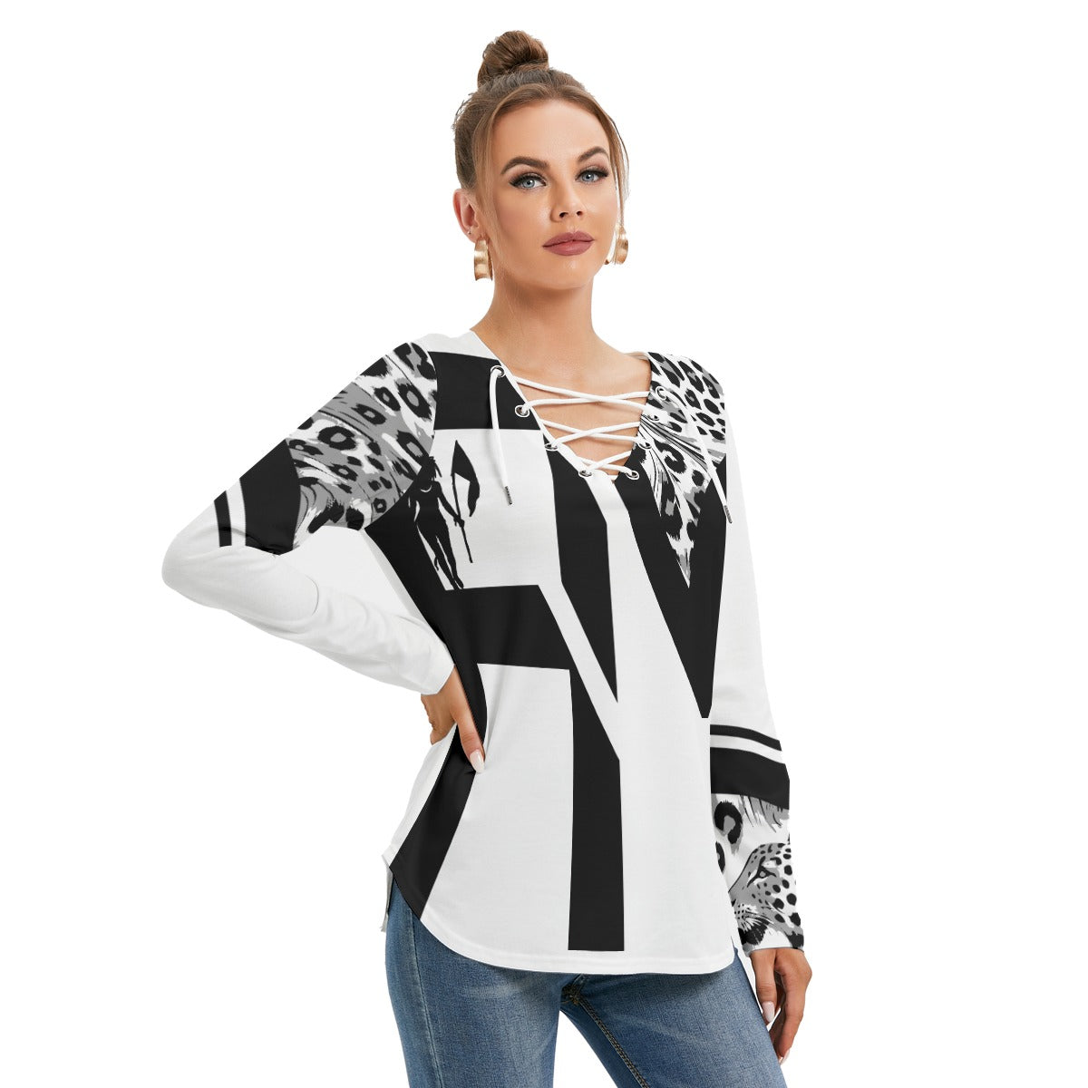 Women's Long Sleeve Neckline Tie Sweatshirt