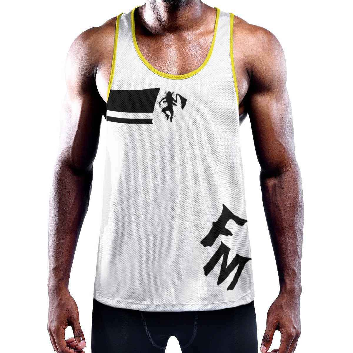 WUK Men's Slim Y-Back Muscle Tank Top White with yellow trim-Fete Massive