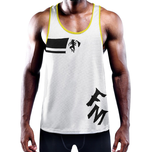 WUK Men's Slim Y-Back Muscle Tank Top White with yellow trim