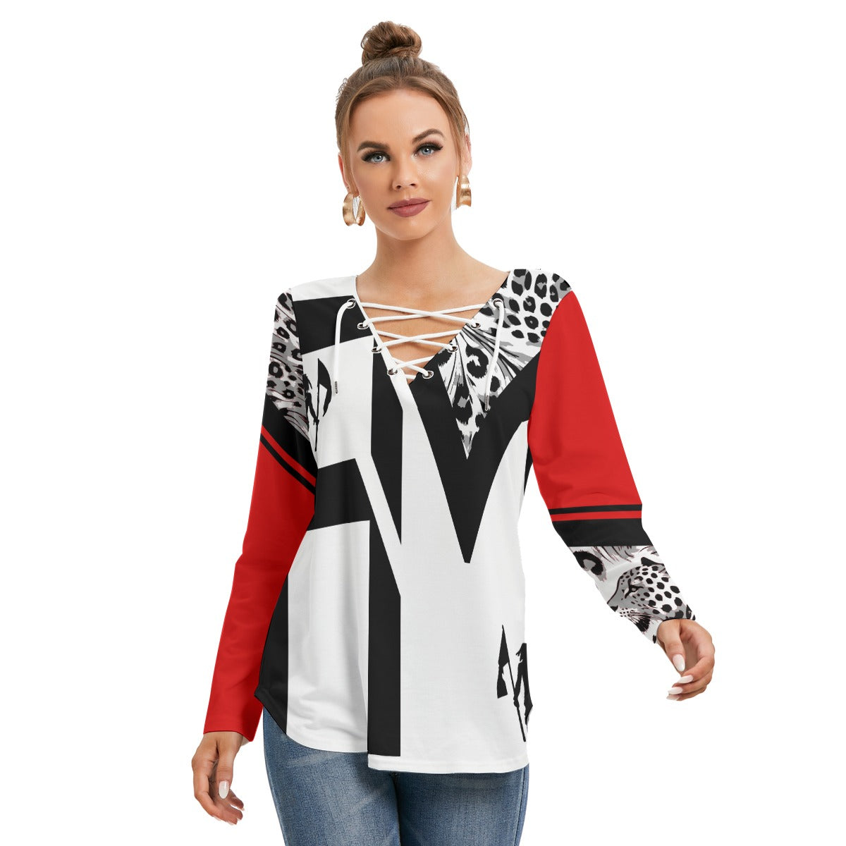 Women's Long Sleeve Neckline Tie Sweatshirt