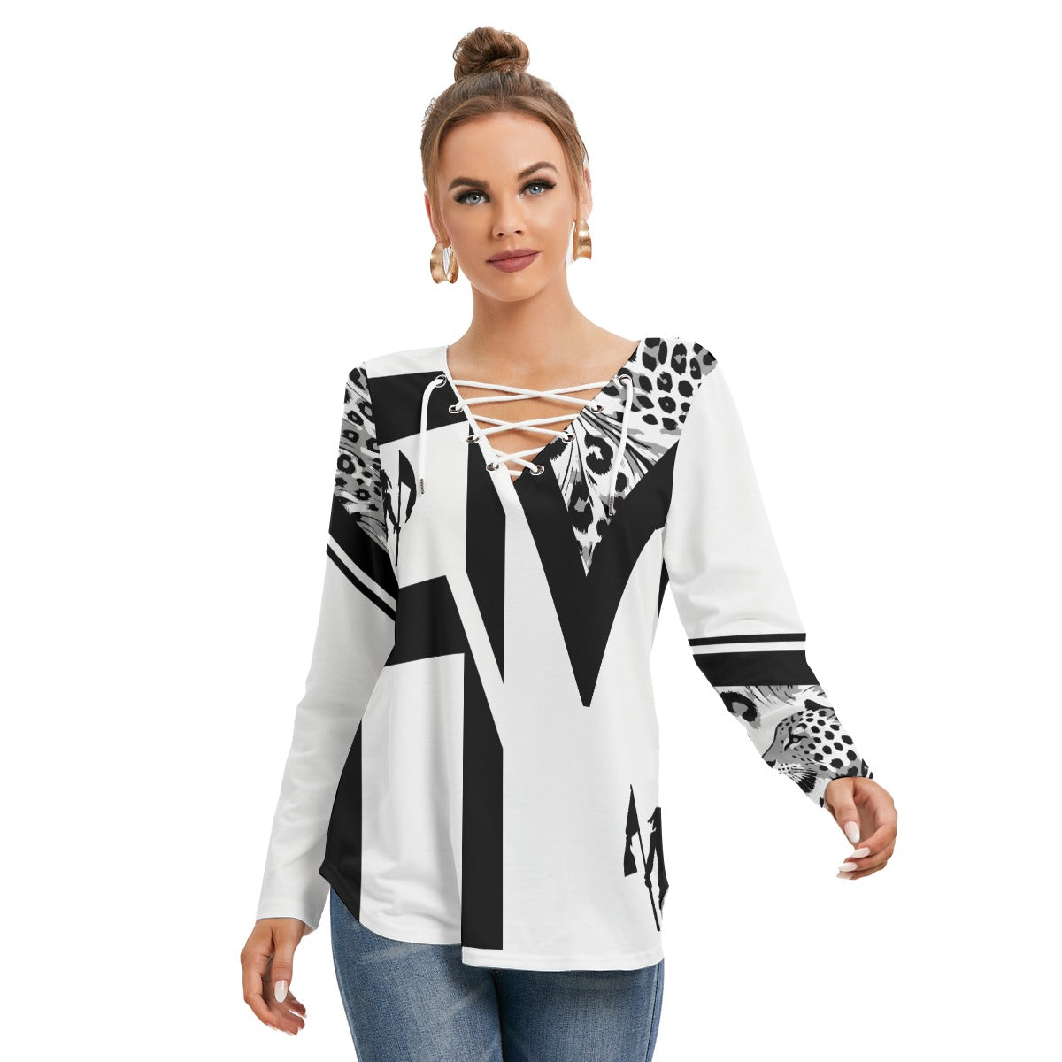 Women's Long Sleeve Neckline Tie Sweatshirt