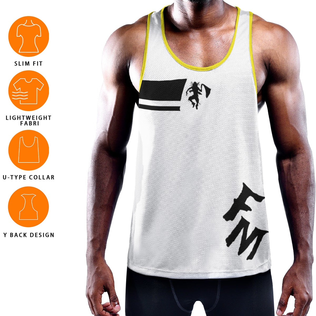 WUK Men's Slim Y-Back Muscle Tank Top White with yellow trim-Fete Massive