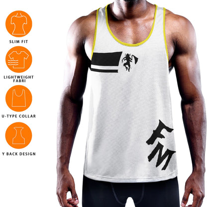 WUK Men's Slim Y-Back Muscle Tank Top White with yellow trim