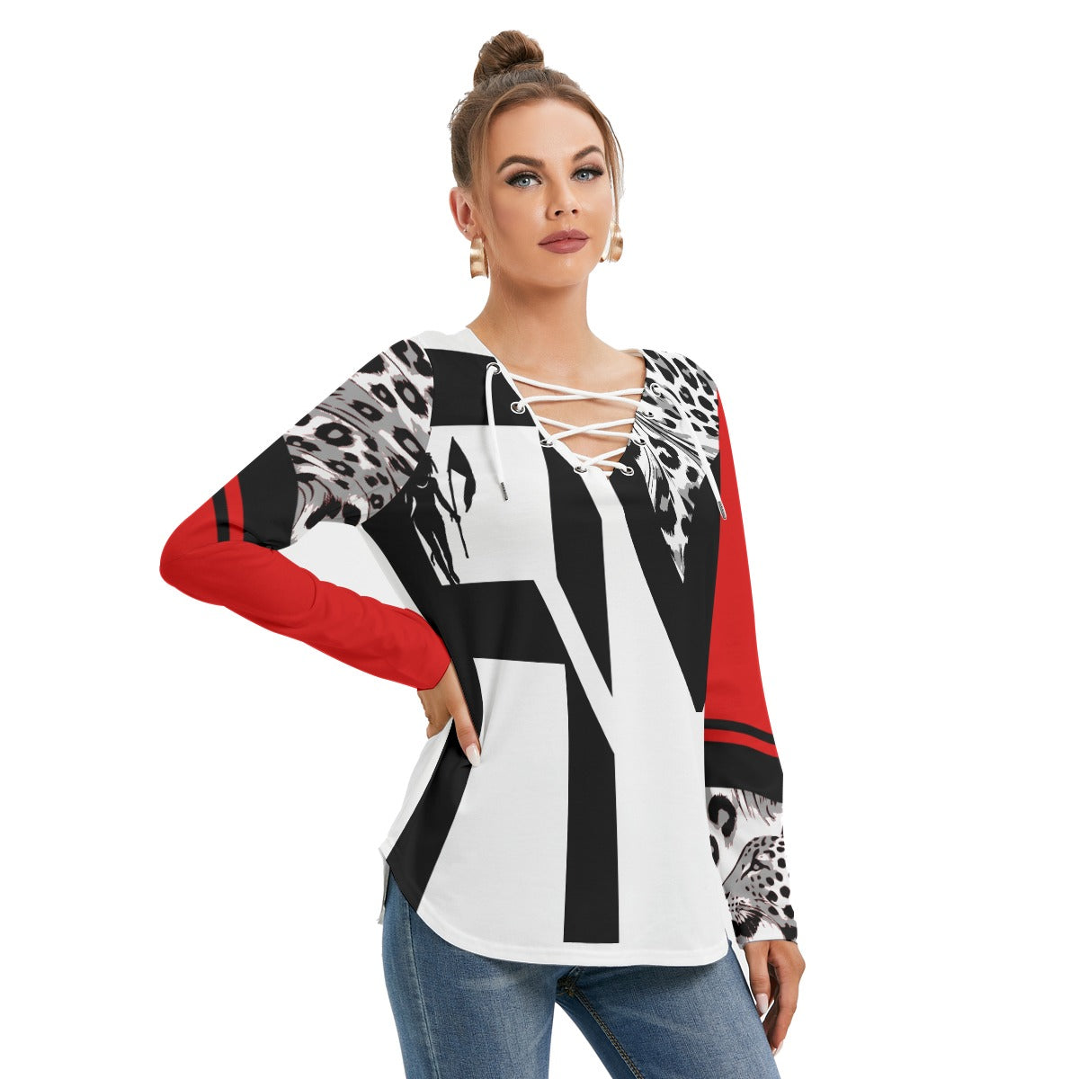 Women's Long Sleeve Neckline Tie Sweatshirt