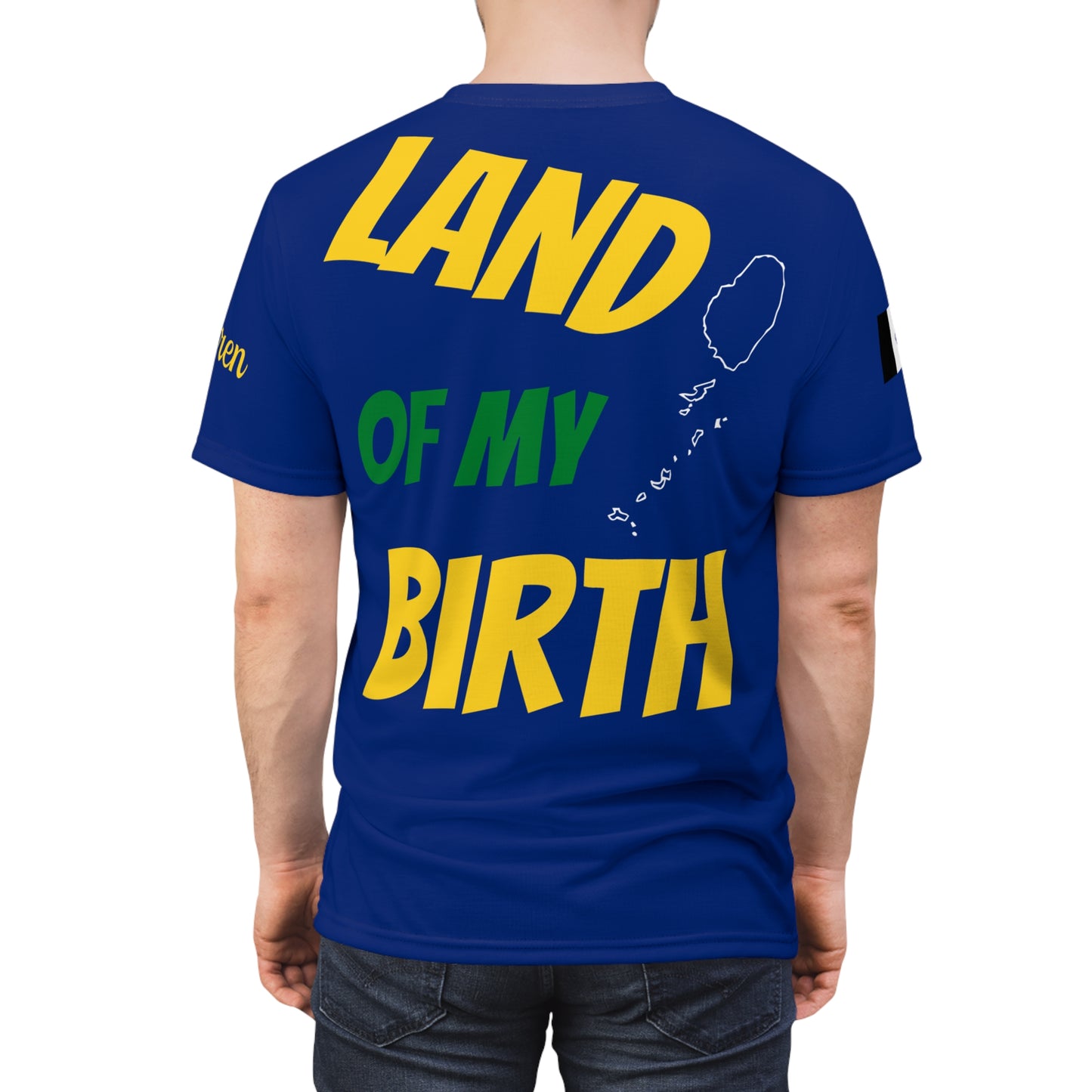 Fetren: Land Of My Birth Soca Unisex Tee W Saint Vincent Flag (Blue /With Color) Island Front