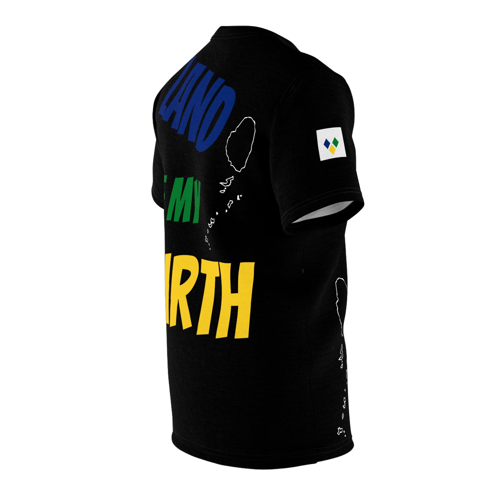 Fetren: Land Of My Birth Soca Unisex Tee W Saint Vincent Flag (Black /With Color) Island Front-Fete Massive