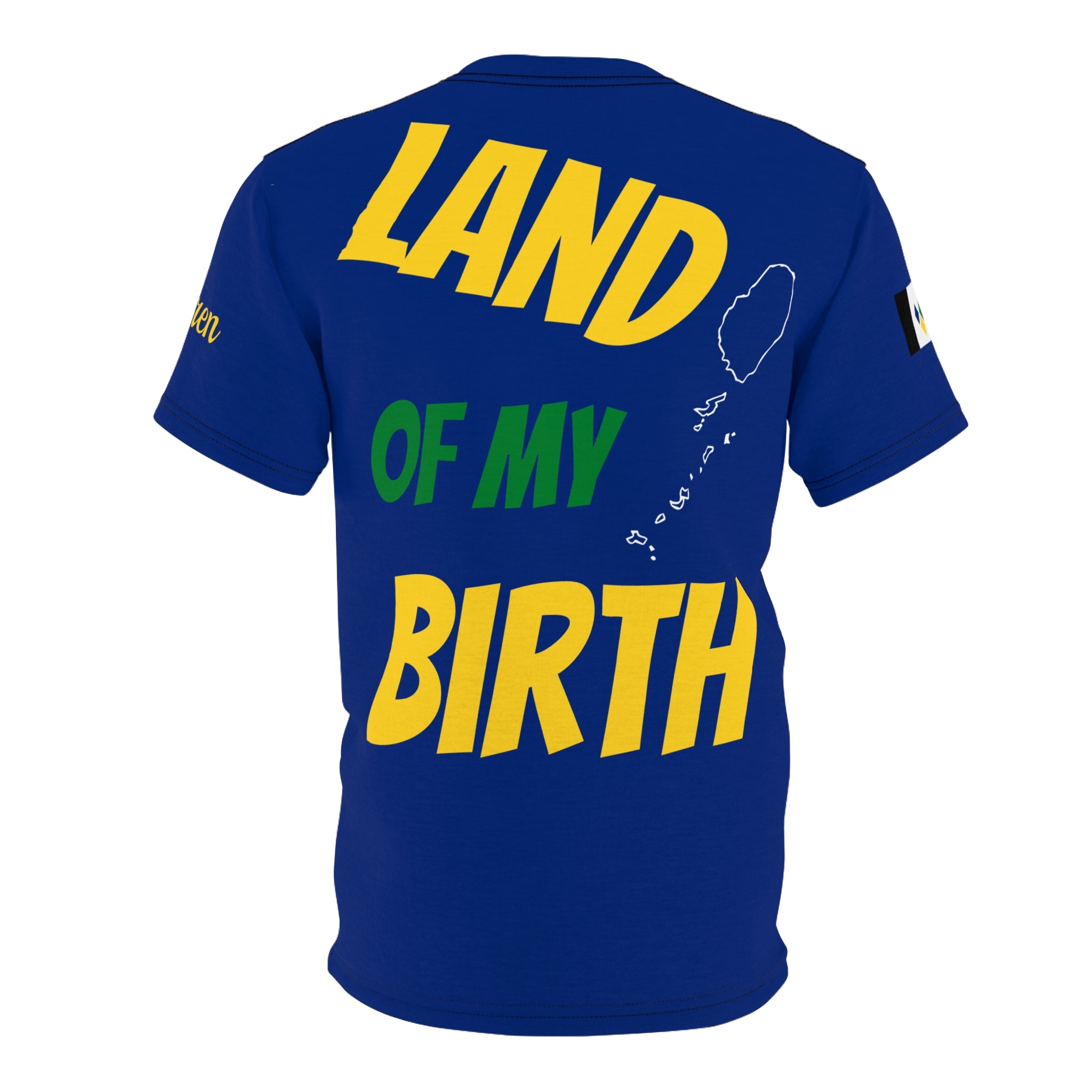 Fetren: Land Of My Birth Soca Unisex Tee W Saint Vincent Flag (Blue /With Color) Island Front-Fete Massive