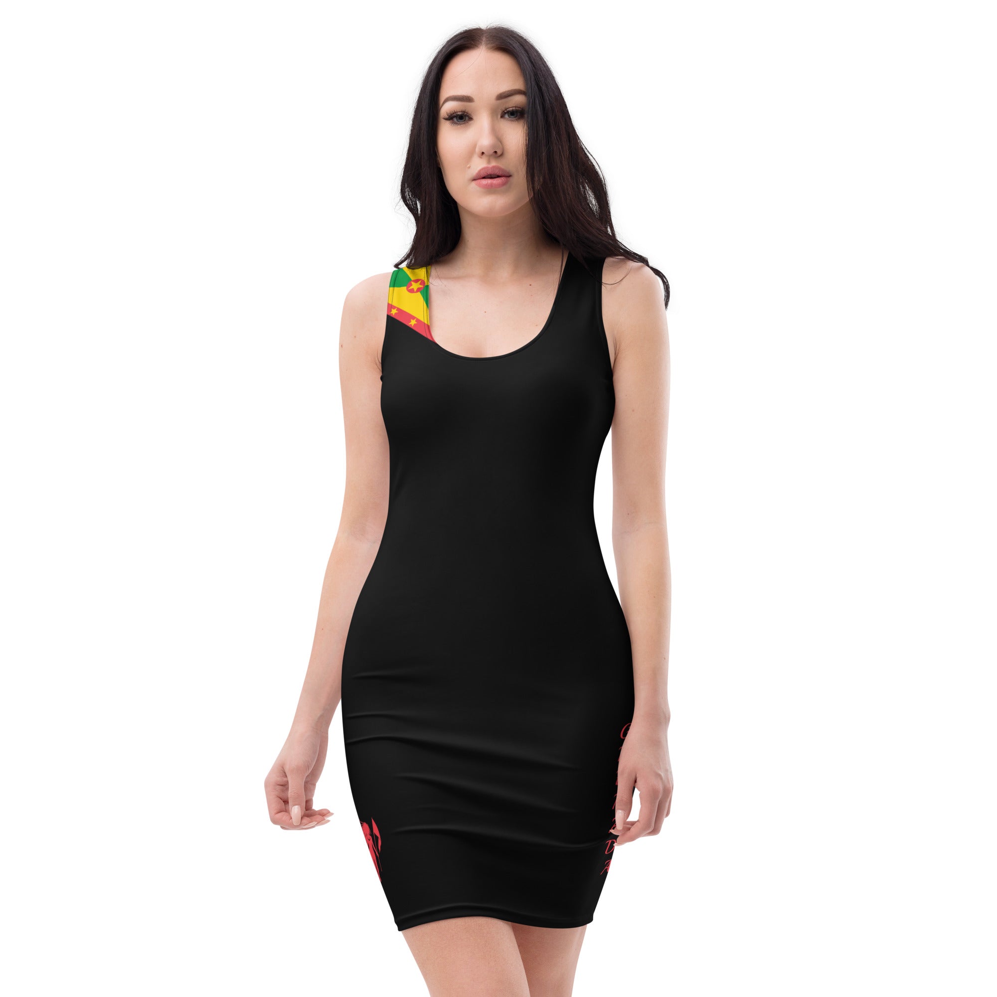 Grenada Bodycon dress (Black with Flag sleeve)-Fete Massive