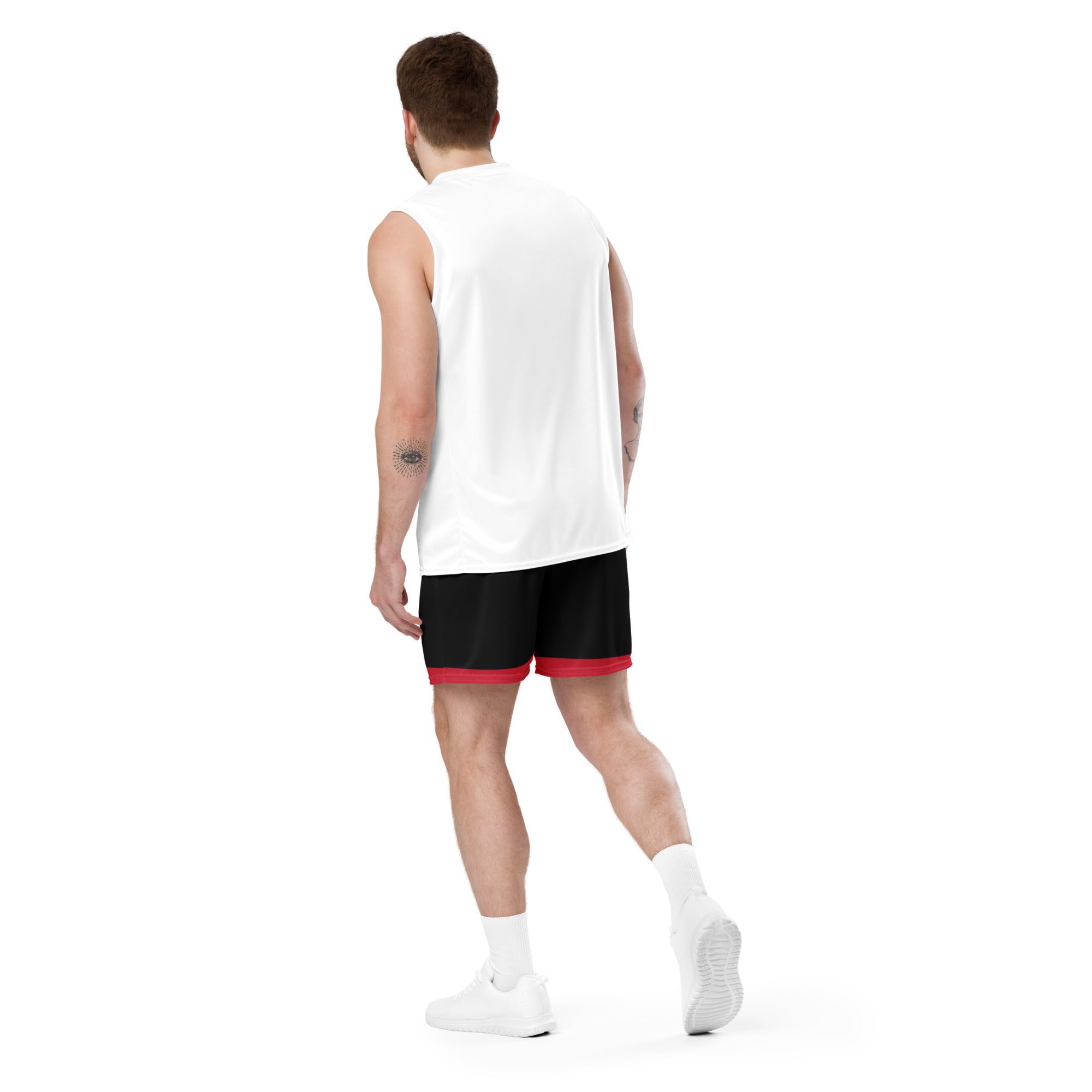 Exercise with WUK - Unisex mesh shorts (Black with red trim)-Fete Massive