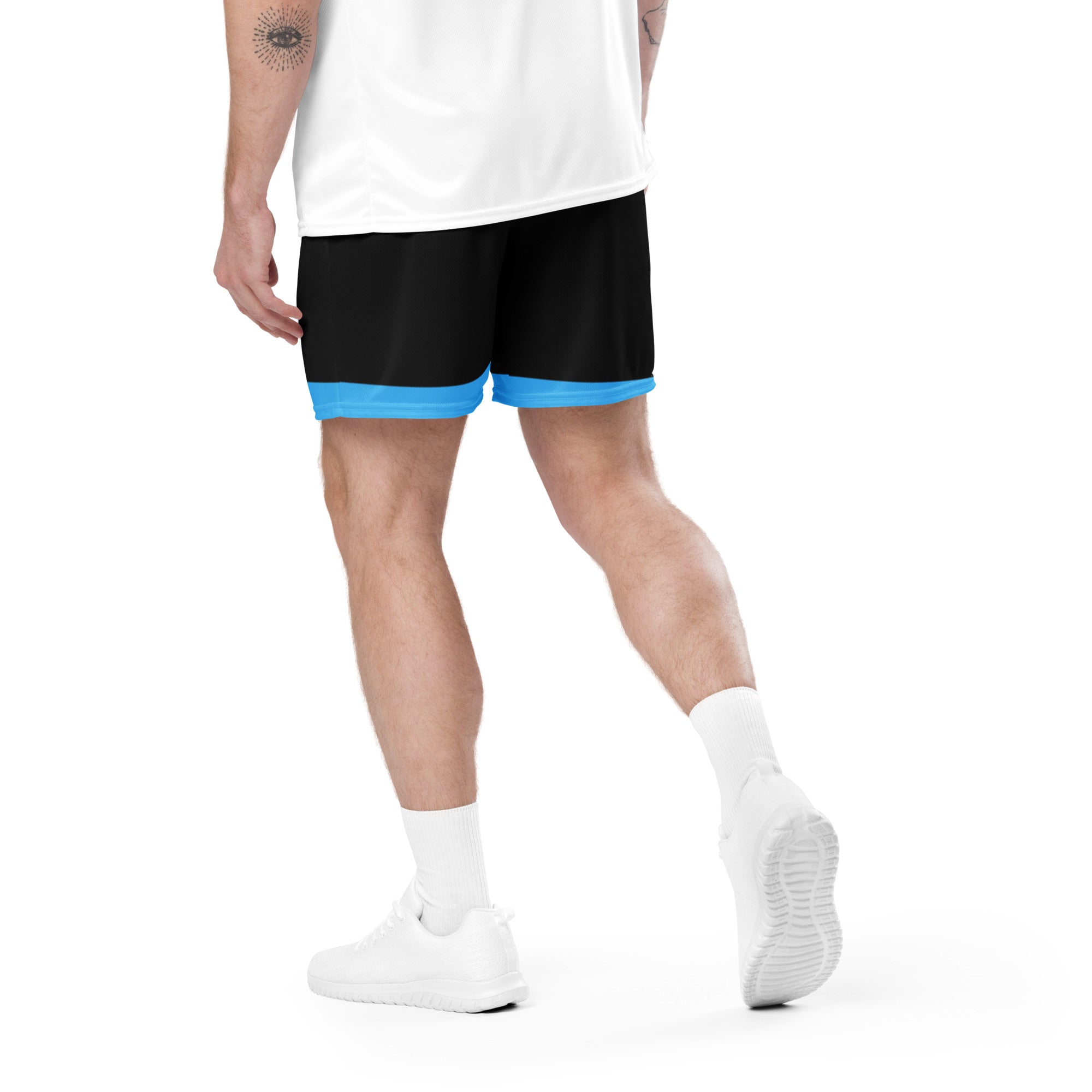 Exercise with WUK - Unisex mesh shorts (Black with blue trim)-Fete Massive