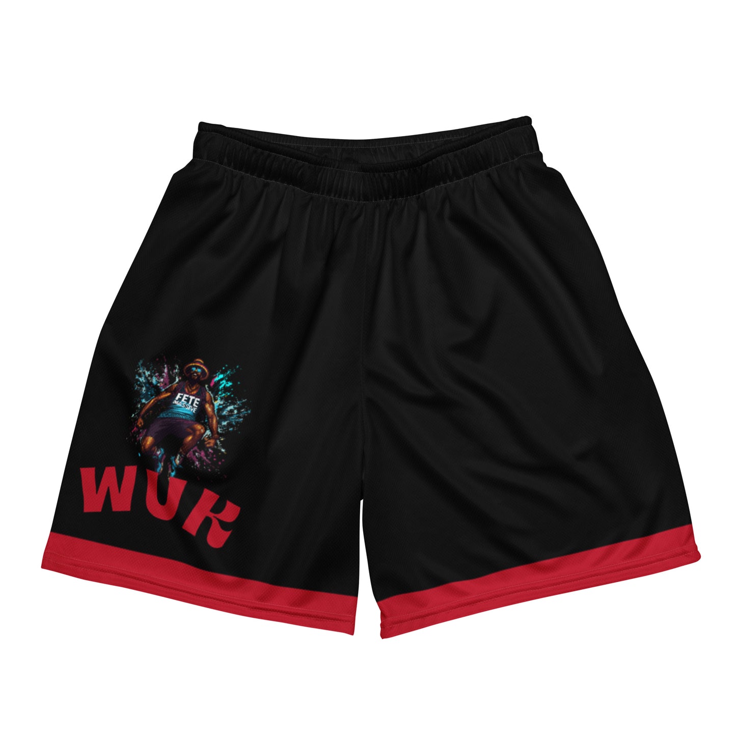 Exercise with WUK - Unisex mesh shorts (Black with red trim)