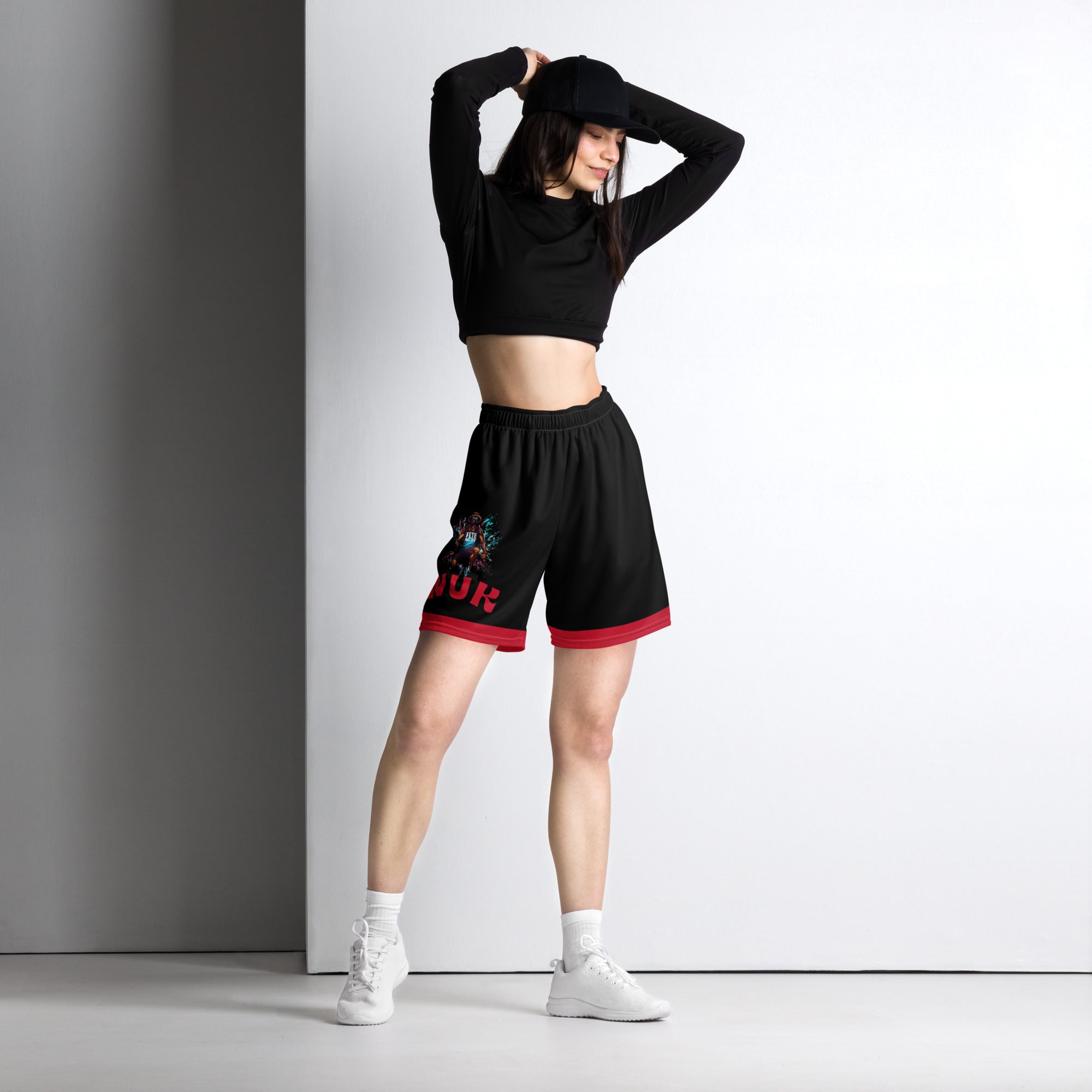 Exercise with WUK - Unisex mesh shorts (Black with red trim)-Fete Massive