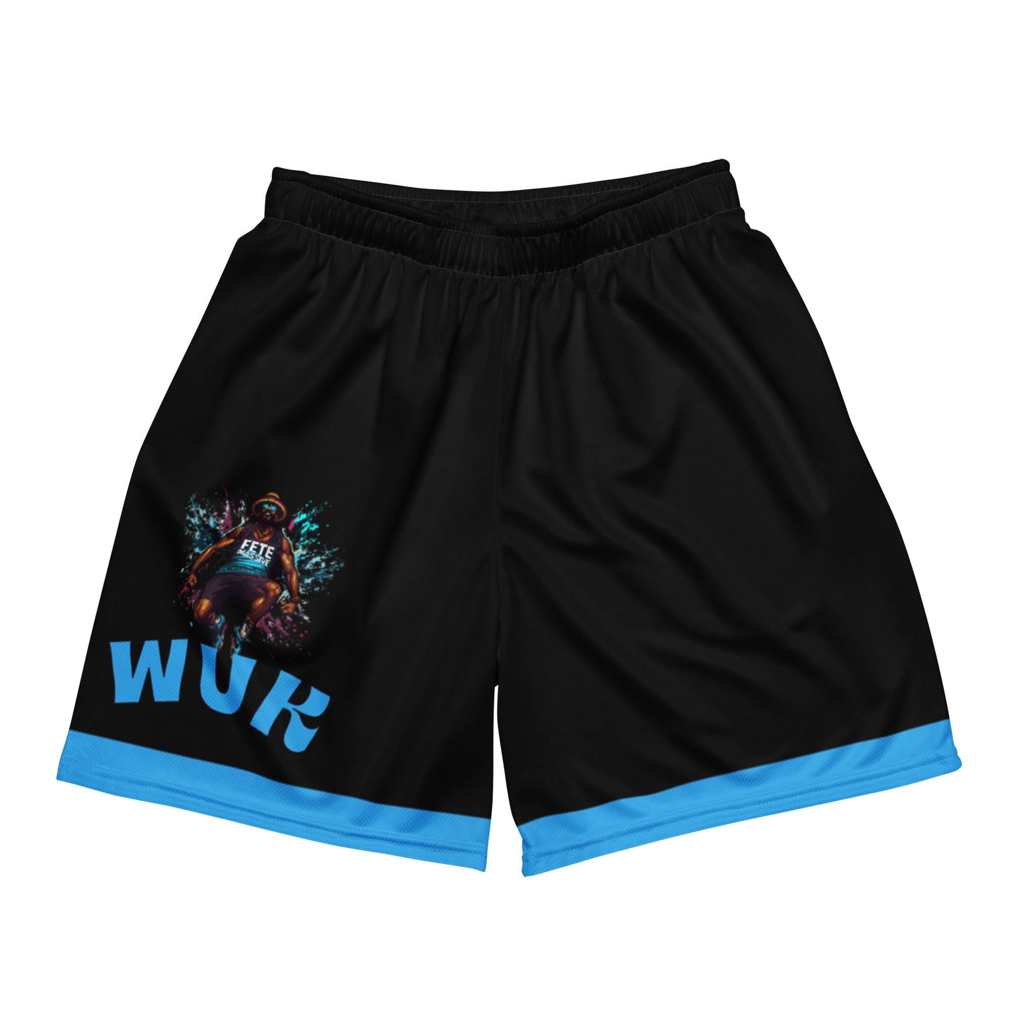 Exercise with WUK - Unisex mesh shorts (Black with blue trim)-Fete Massive