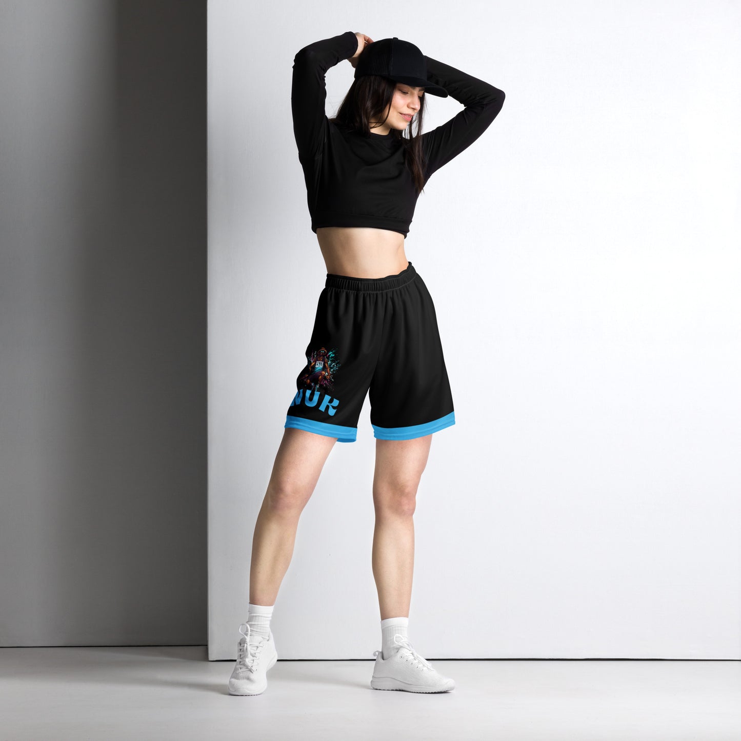 Exercise with WUK - Unisex mesh shorts (Black with blue trim)