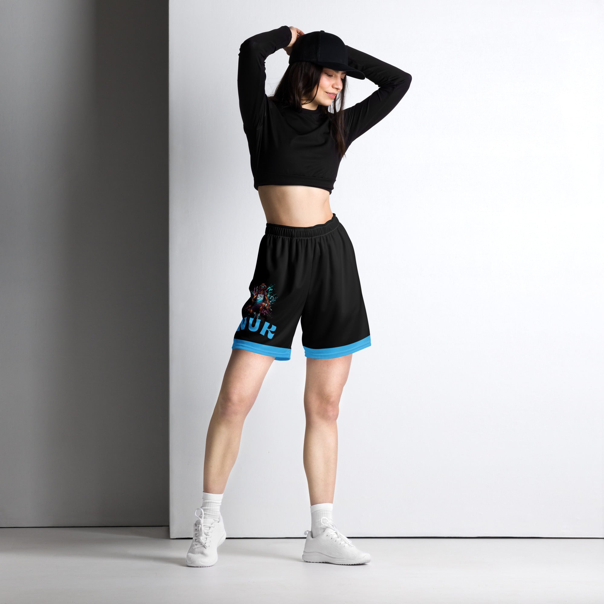 Exercise with WUK - Unisex mesh shorts (Black with blue trim)-Fete Massive