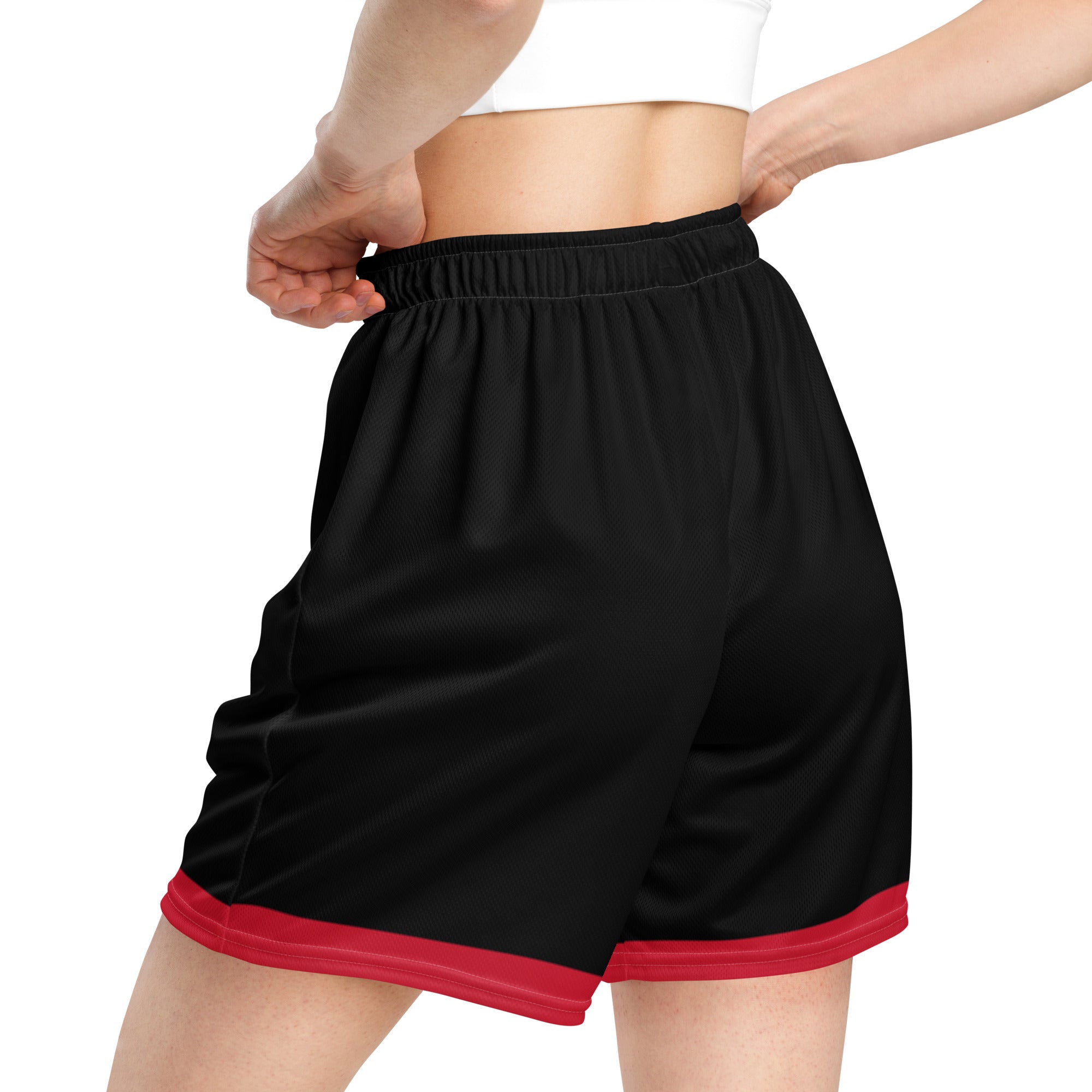 Exercise with WUK - Unisex mesh shorts (Black with red trim)-Fete Massive