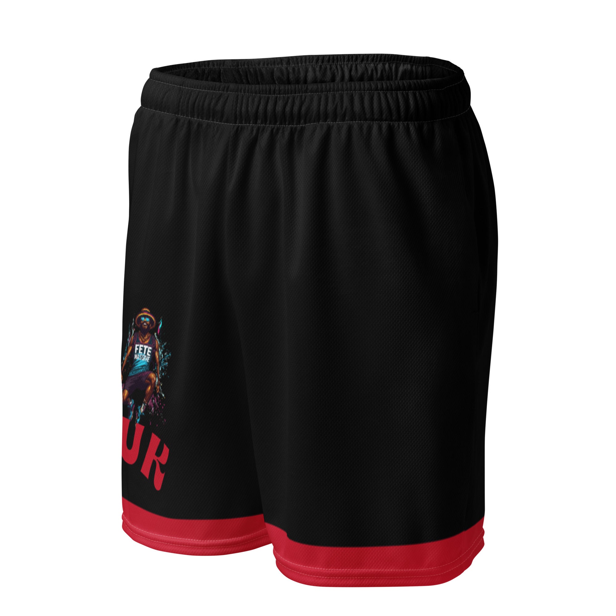 Exercise with WUK - Unisex mesh shorts (Black with red trim)-Fete Massive