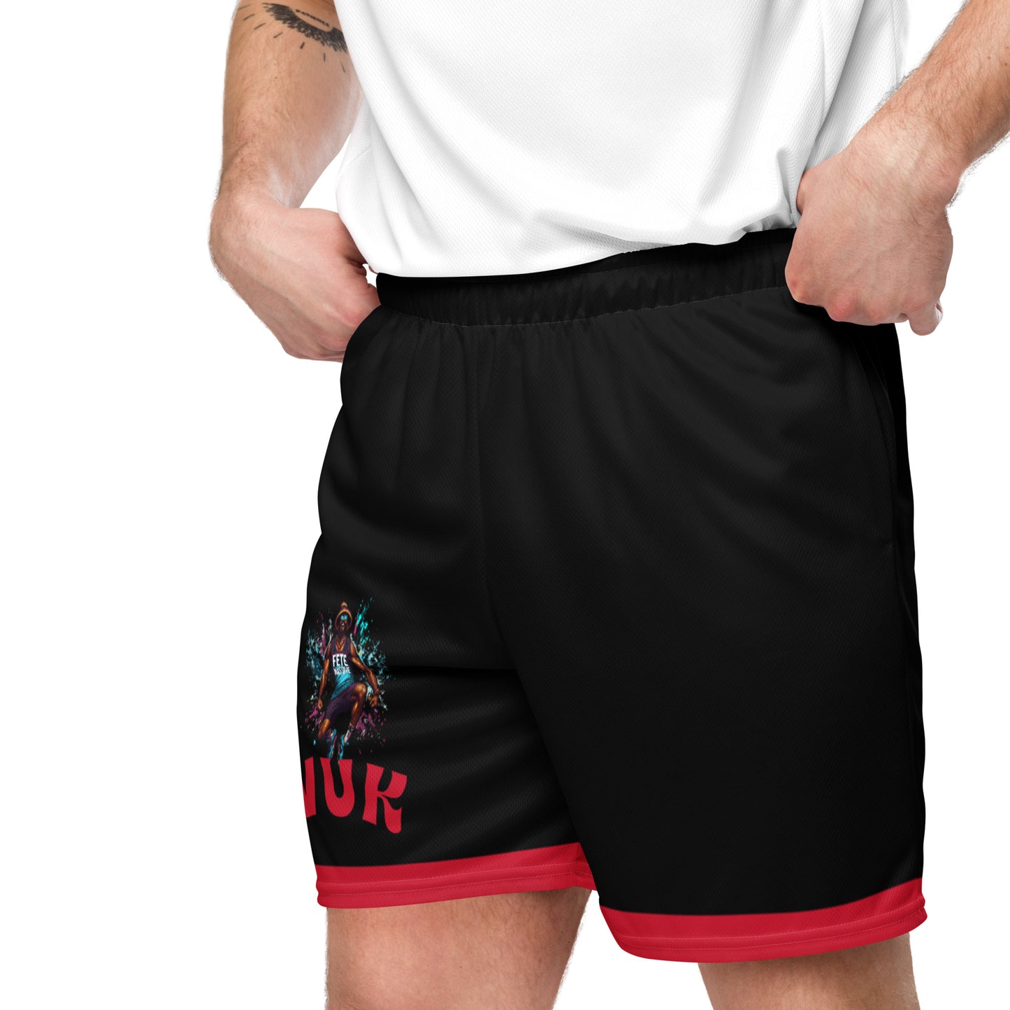 Exercise with WUK - Unisex mesh shorts (Black with red trim)