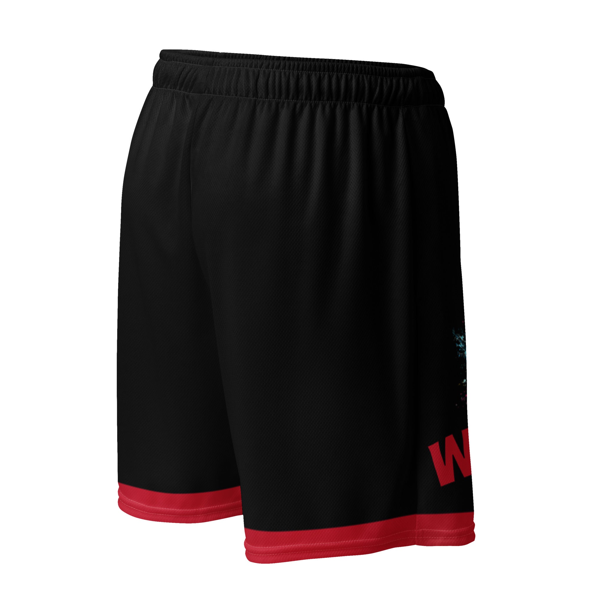 Exercise with WUK - Unisex mesh shorts (Black with red trim)-Fete Massive