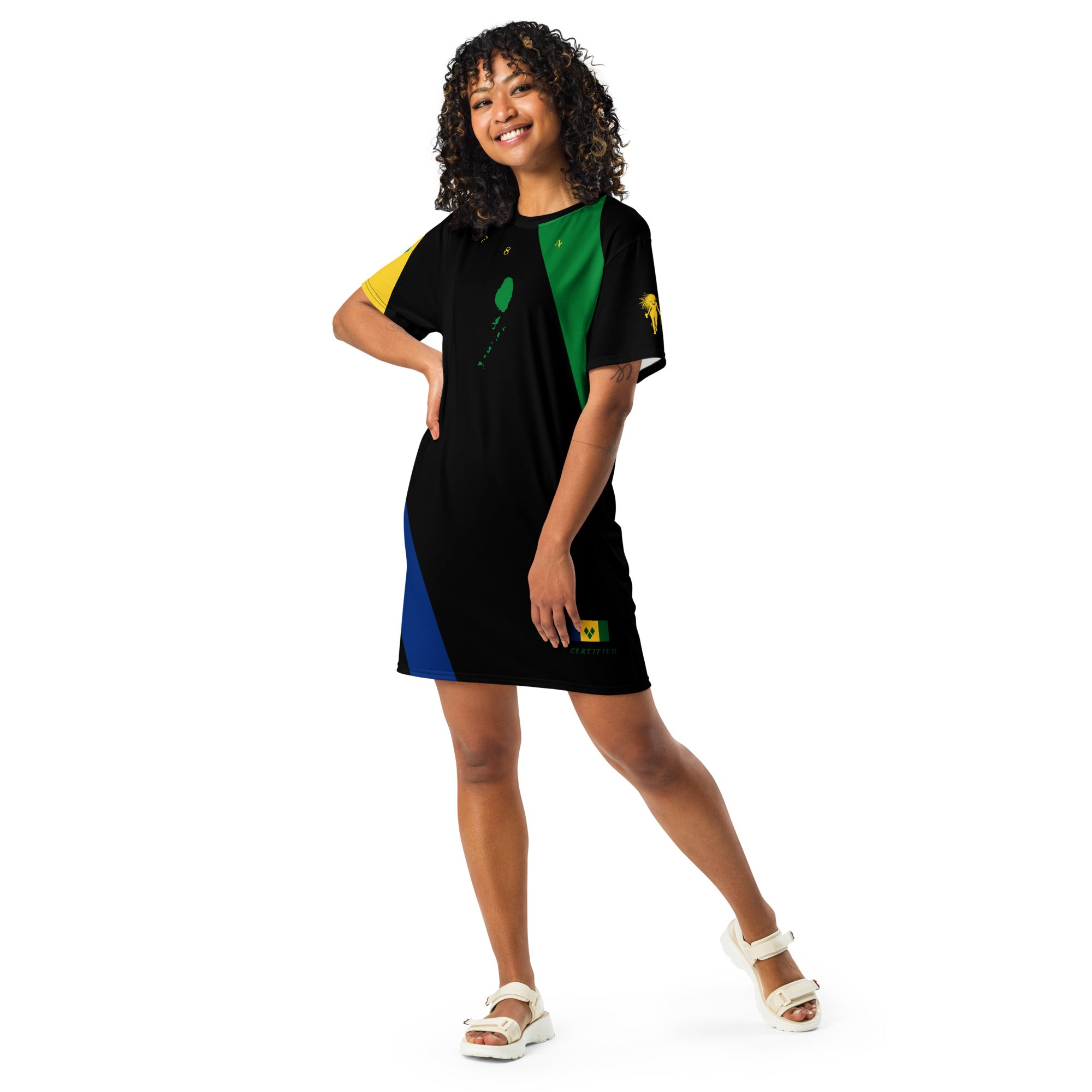 Saint Vincent Flag Color Lines T-shirt dress (Black)-Fete Massive