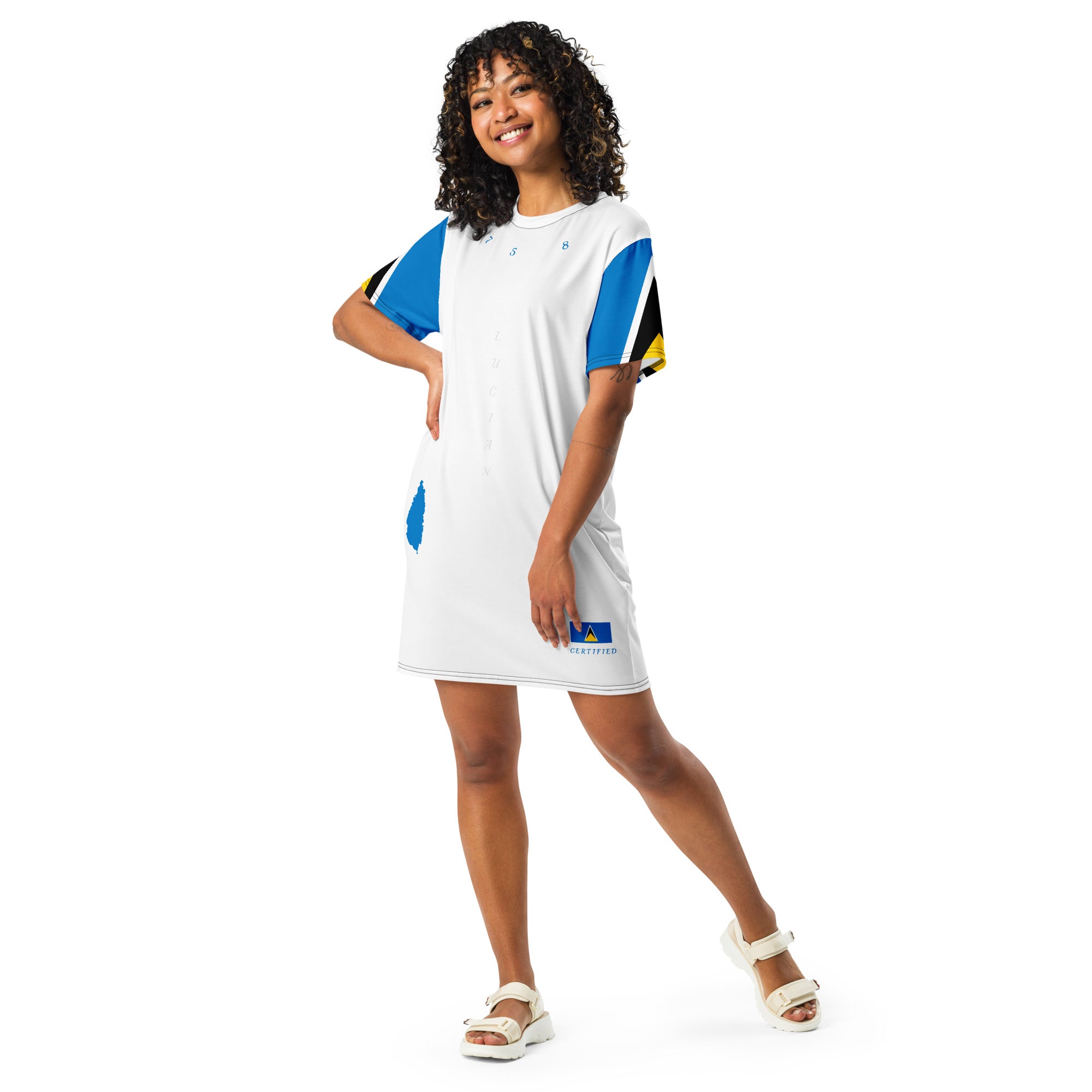 St. Lucia T-shirt dress (White) Flag Sleeve-Fete Massive